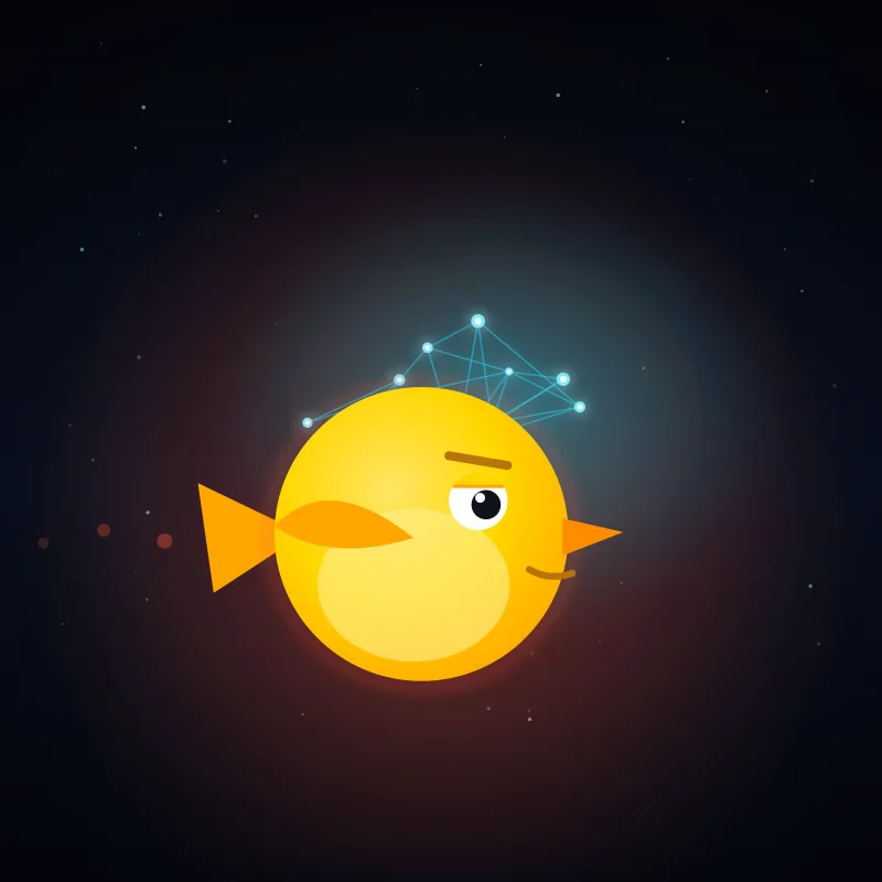 Cheeky voice: the yellow bird with a flat skeptical brow and a wry smirk under an ember-red glow
