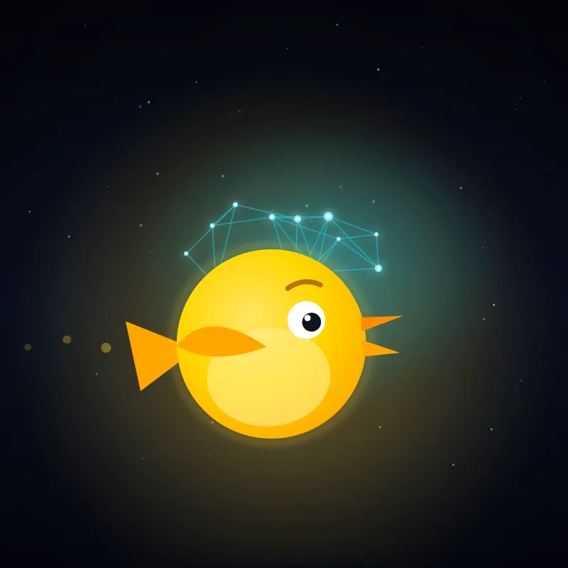 Cheerful voice: the yellow bird chirping with an open beak and raised brow under a sunny yellow glow