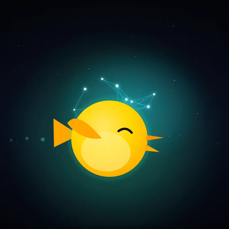 Playful voice: the yellow bird winking with a wing swept up, tilted mid-flight under a teal glow