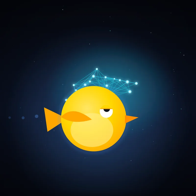 Thoughtful voice: the yellow bird gazing upward under a deep blue glow, with a denser glowing web above its head
