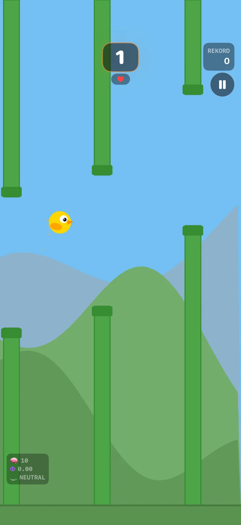 NeuroBirds-Gameplay: ein kleiner Vogel gleitet über grüne Hügel unter blauem Himmel, seine aktuelle Stimmung wird in der Ecke angezeigt