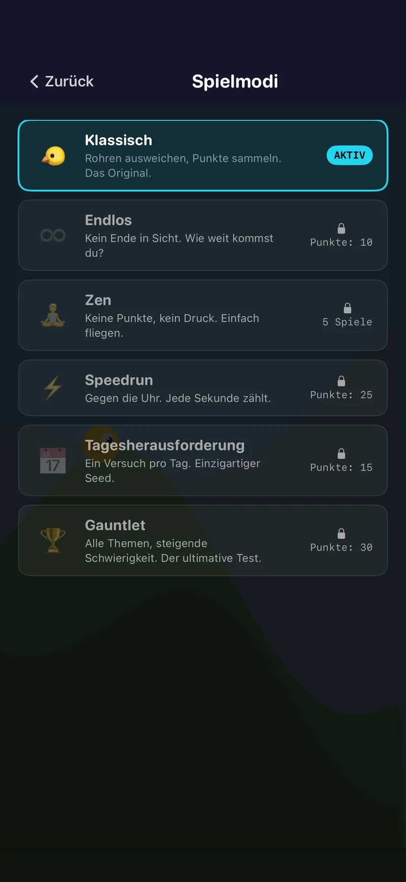 NeuroBirds-Modusauswahl mit der Liste der Spielmodi