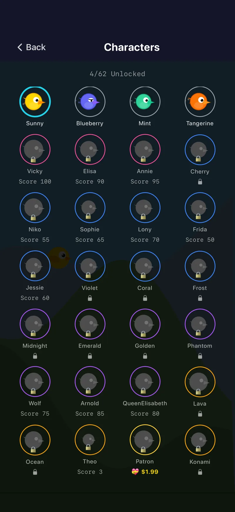 NeuroBirds character roster screen showing rows of unlockable birds with names like Sunny, Blueberry and Mint