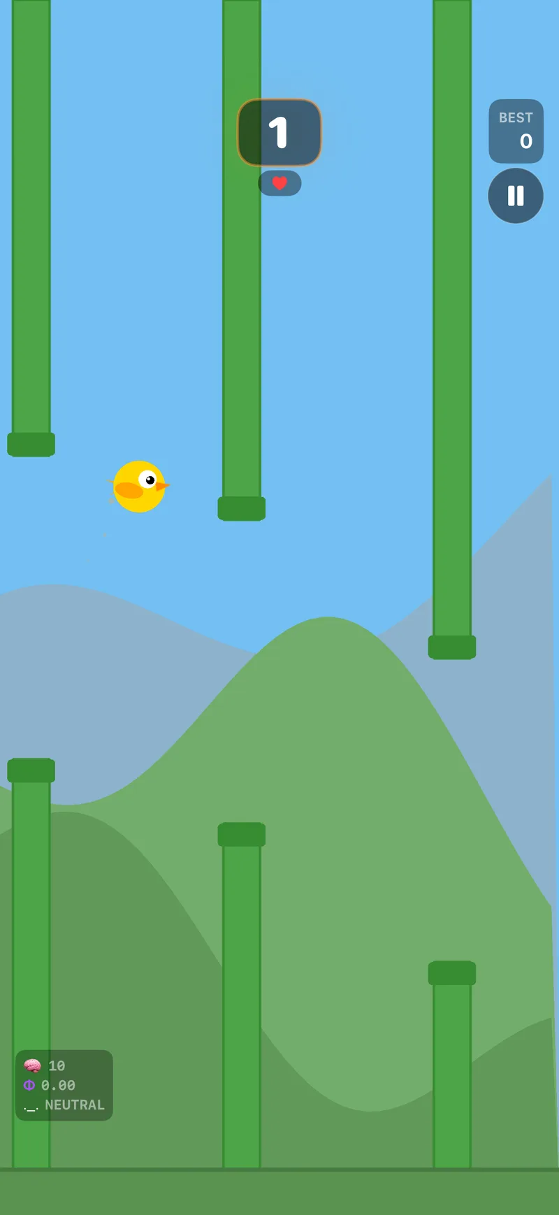 NeuroBirds gameplay over rolling green hills