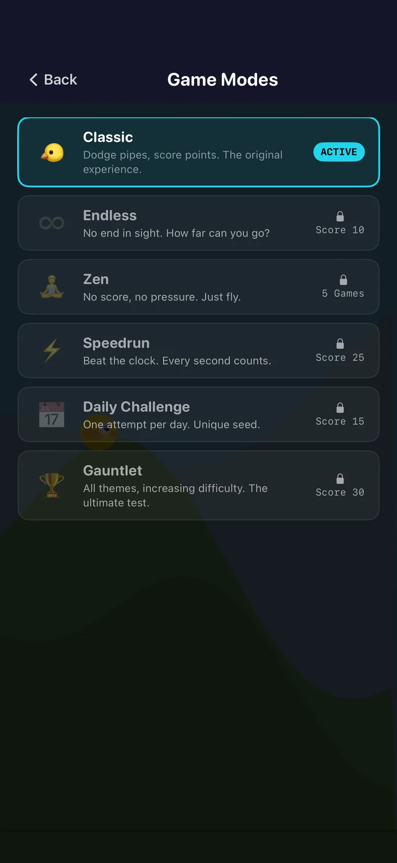 NeuroBirds mode selection screen listing the game modes