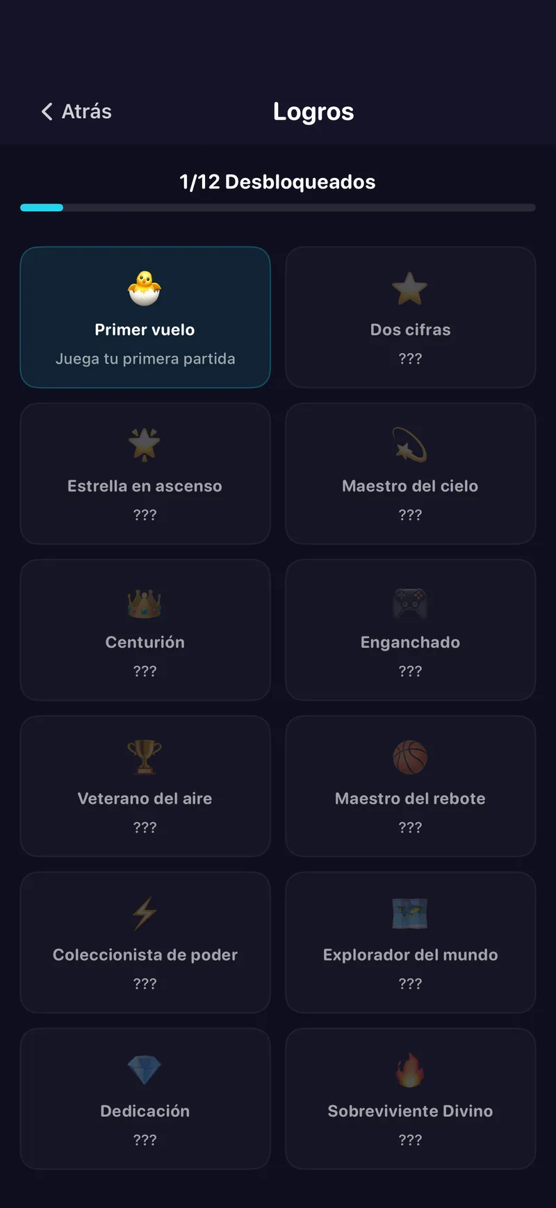 Pantalla de logros de NeuroBirds con una cuadrícula de logros desbloqueados y bloqueados