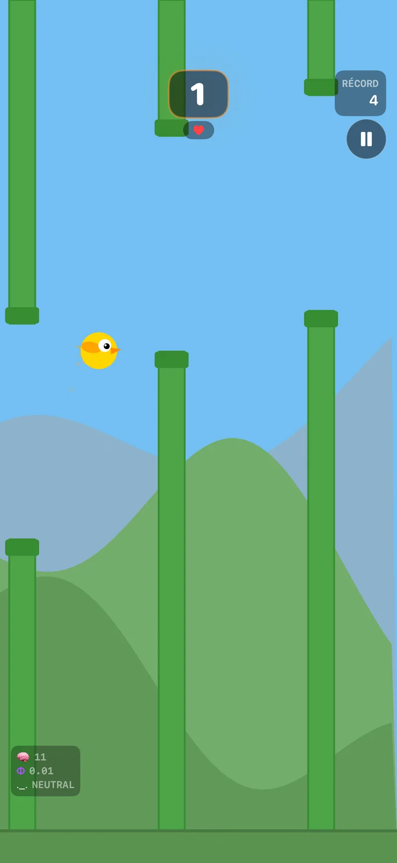 Gameplay de NeuroBirds sobre colinas verdes
