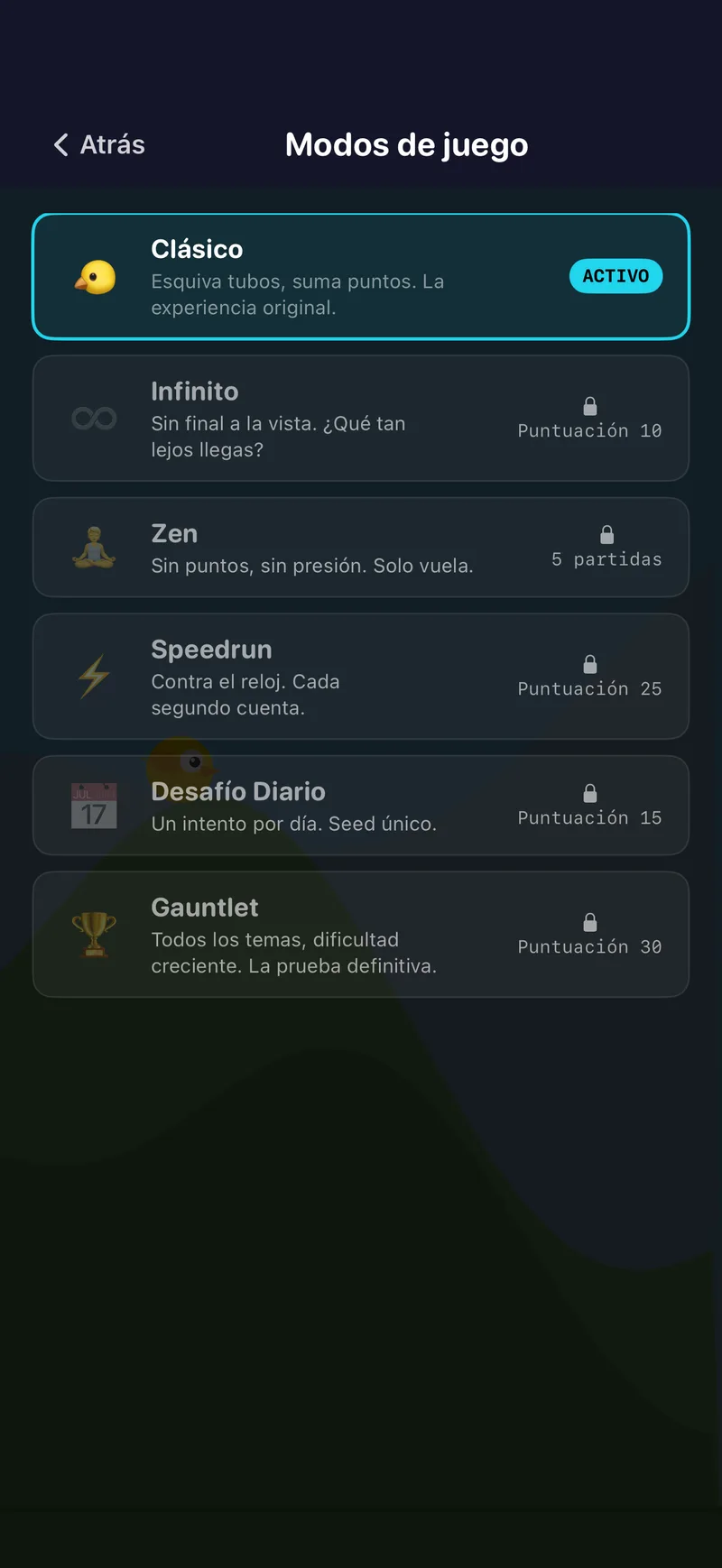 Pantalla de selección de modos de NeuroBirds con la lista de modos de juego